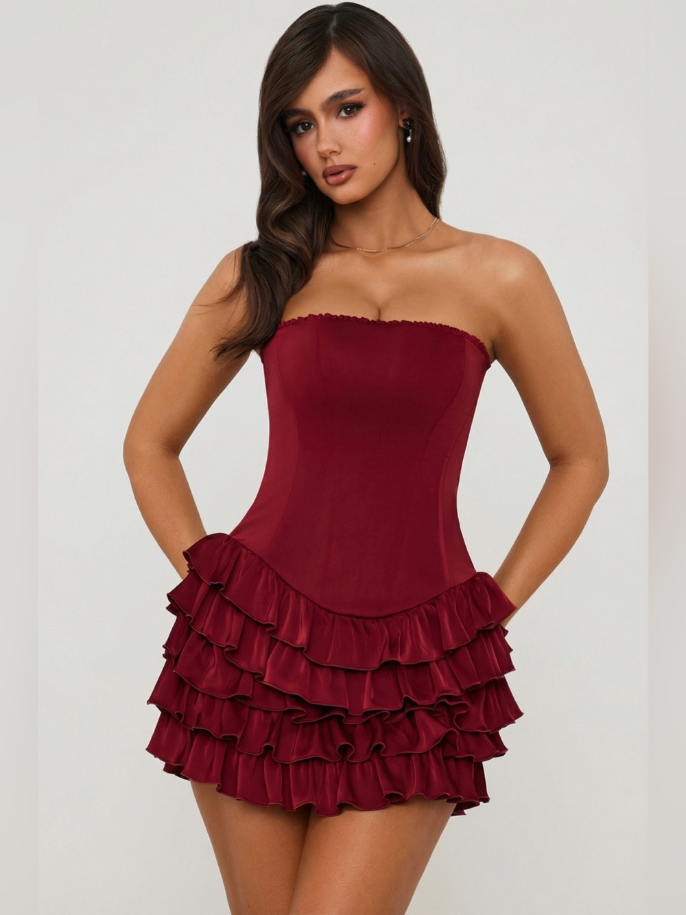 NWT Oh Polly Juliet Bandeau Ruffled Tiered Corset Mini Dress Berry Red Size 0